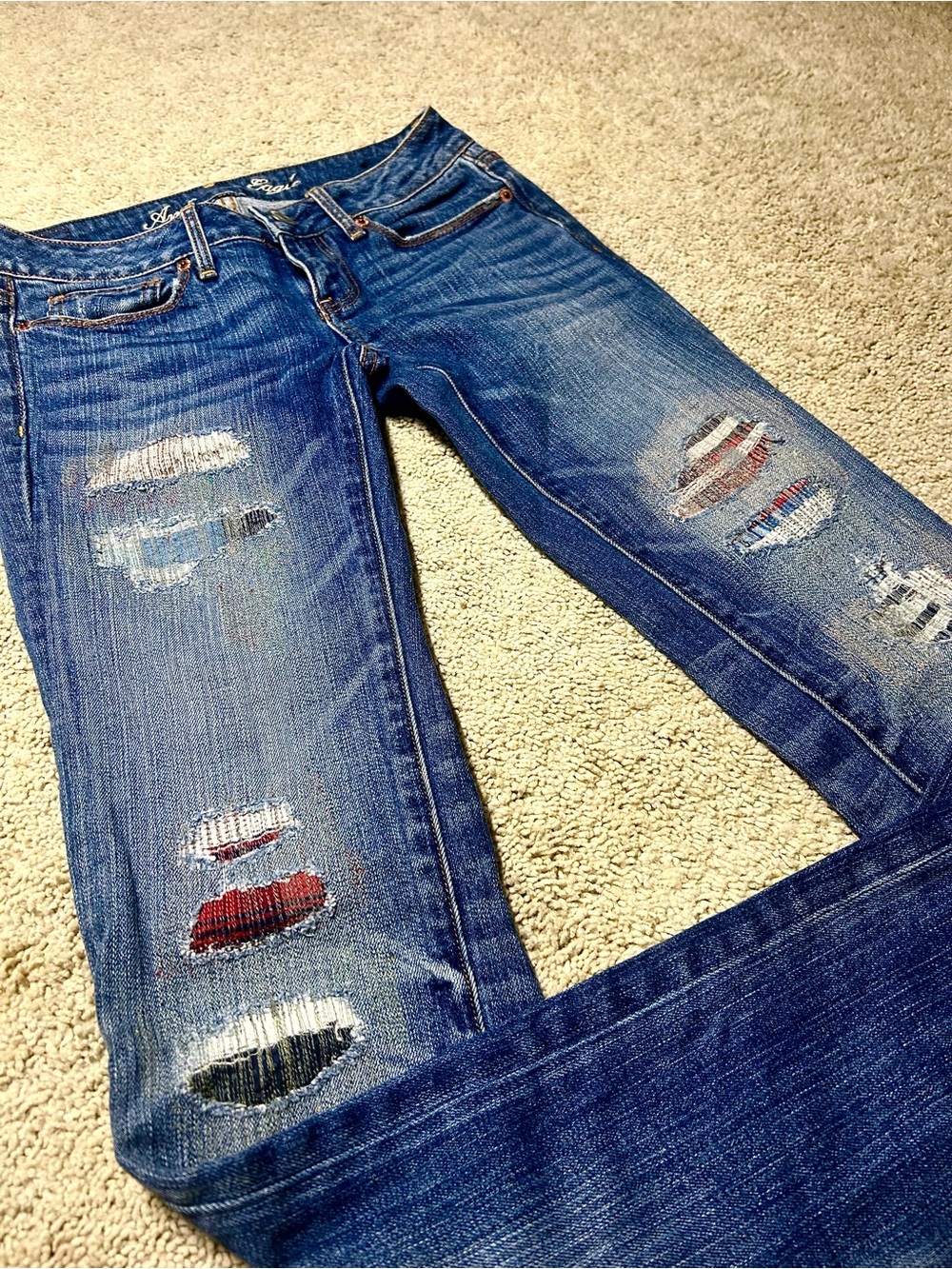 American Eagle Women’s Size 0 Skinny Jeans Distressed Plaid Patch Y2K